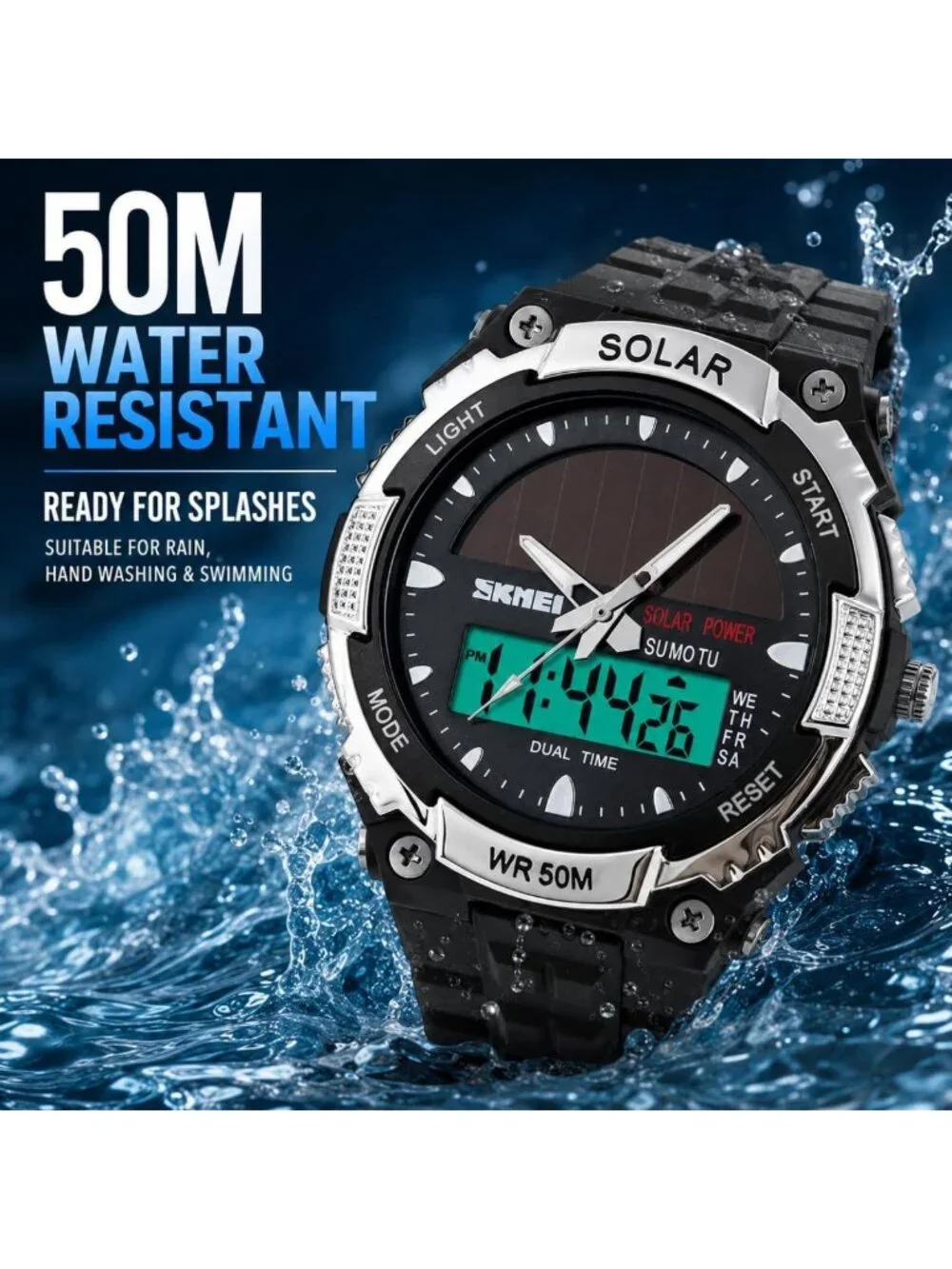 Men's Solar Powered Military Digital Watch - Waterproof, LED, 2 Time Zones